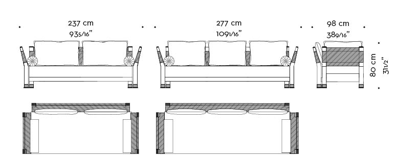 Dimensions of Moltrasio, outdoor wooden sofa with bronze feet and details, from Promemoria's outdoor catalogue | Promemoria
