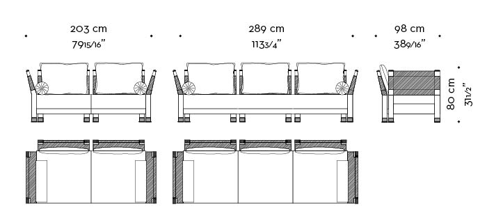 Dimensions of Moltrasio, outdoor wooden sofa with bronze feet and details, from Promemoria's outdoor catalogue | Promemoria
