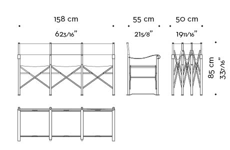 Dimensions of Quentin, an outdoor folding bronze sofa, covered in fabric or leather, from Promemoria's outdoor catalogue | Promemoria