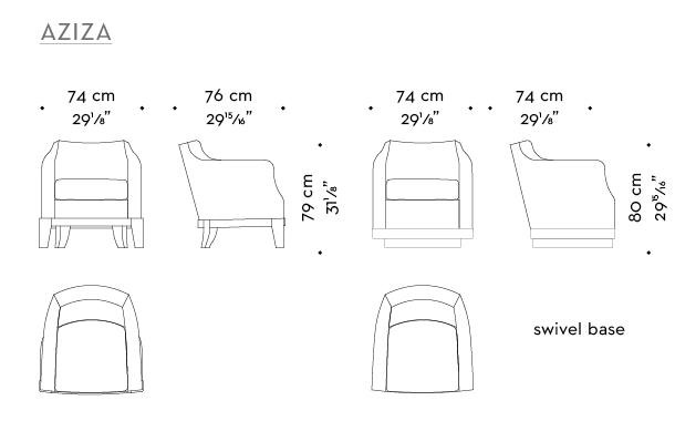 Dimensions of Aziza, a wooden armchair covered in fabric or leather, from Promemoria's catalogue | Promemoria