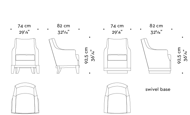 Dimensions of Aziza, a wooden armchair covered in fabric or leather, from Promemoria's catalogue | Promemoria