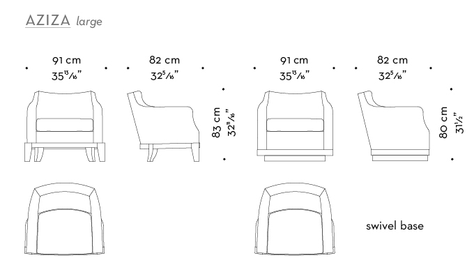 Dimensions of Aziza, a wooden armchair covered in fabric or leather, from Promemoria's catalogue | Promemoria