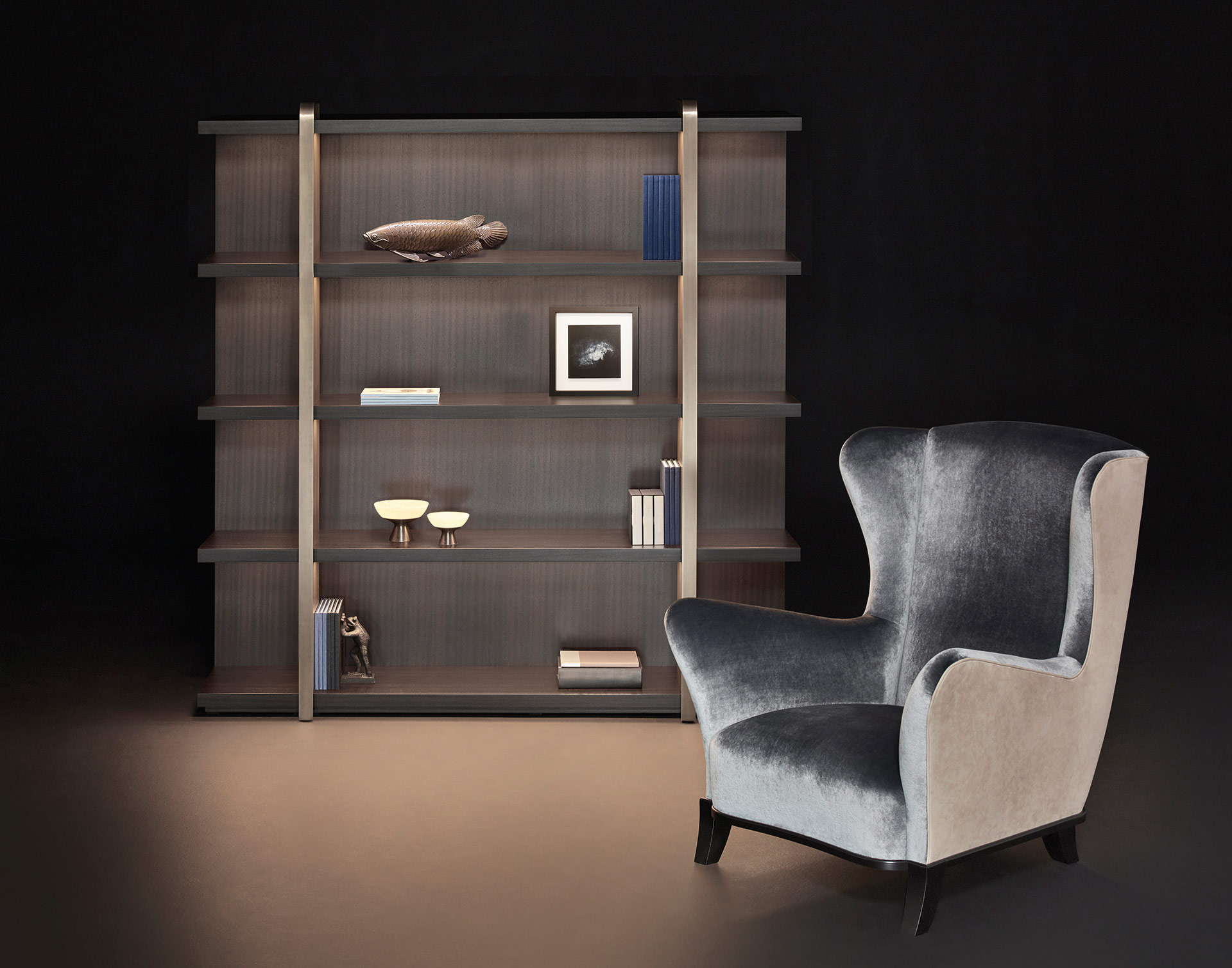 Bluette is a wooden armchair covered in fabric or leather, from Promemoria's Night Tales collection | Promemoria