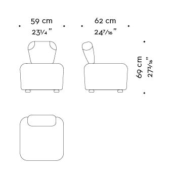 Dimensions of Bomb, an armchair covered in velvets in different colors with a gillet on the back, from Promemoria's Indigo Tales collection | Promemoria