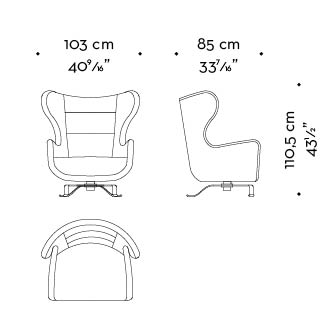 Dimensions of Butterfly, an armchair covered in fabric and leather with a revolving bronze base, from Promemoria's catalogue | Promemoria