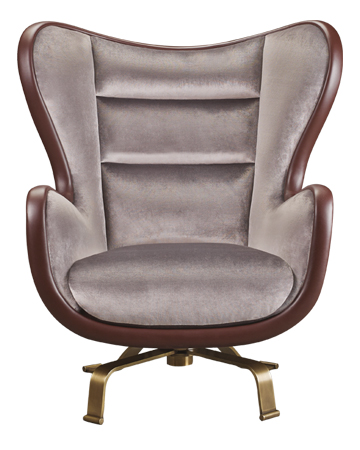 „Butterfly“ ist ein Sessel mit Stoff- und Lederbezug und einem Drehsockel aus Bronze, aus dem Katalog von Promemoria | Promemoria