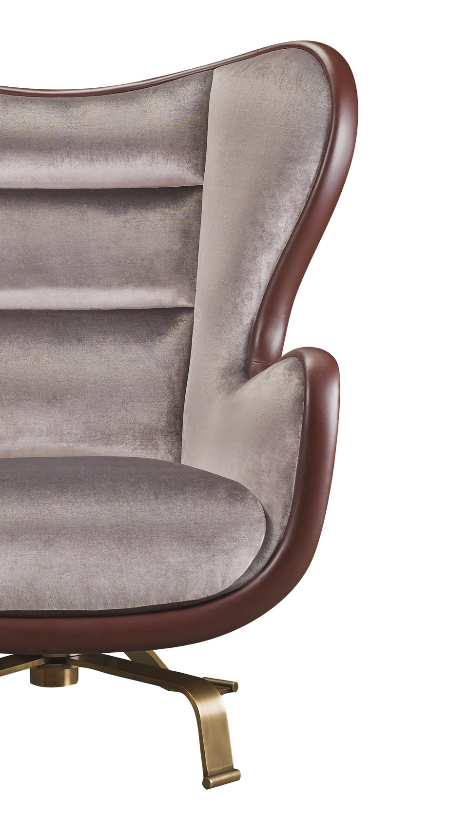 Detail of Butterfly, an armchair covered in fabric and leather with a revolving bronze base, from Promemoria's catalogue | Promemoria