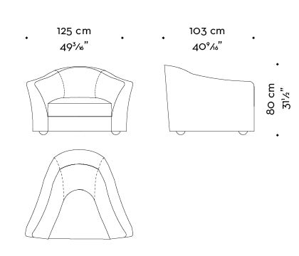 Dimensions of Fiore di Loto, an armchair for two covered in fabric or leather, from Promemoria's catalogue | Promemoria
