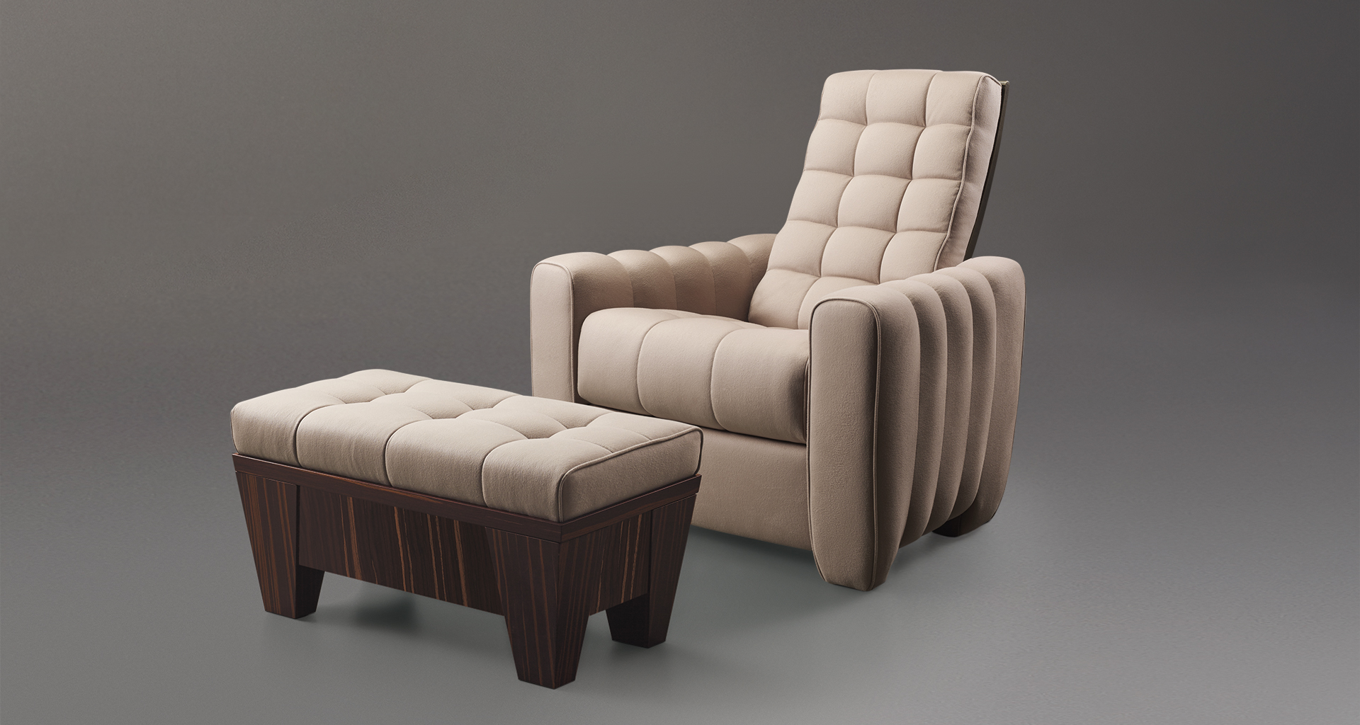 Gertrude is a reclining armchair with bronze bakcrest and capitonné covering, from Promemoria's Lake Tales collection | Promemoria