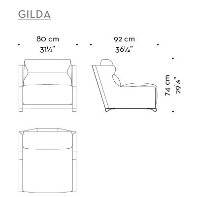 Dimensions of Gilda, a wooden armchair covered in fabric with bronze feet, from Promemoria's catalogue | Promemoria