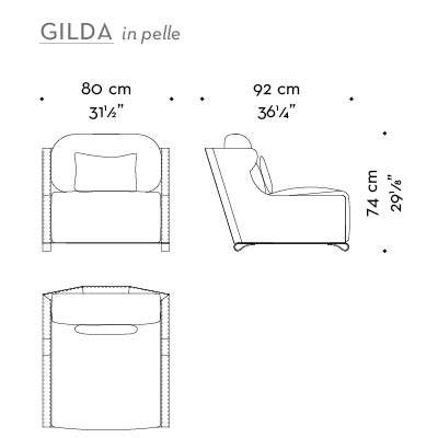 Dimensions of Gilda, a wooden armchair covered in fabric with bronze feet, from Promemoria's catalogue | Promemoria