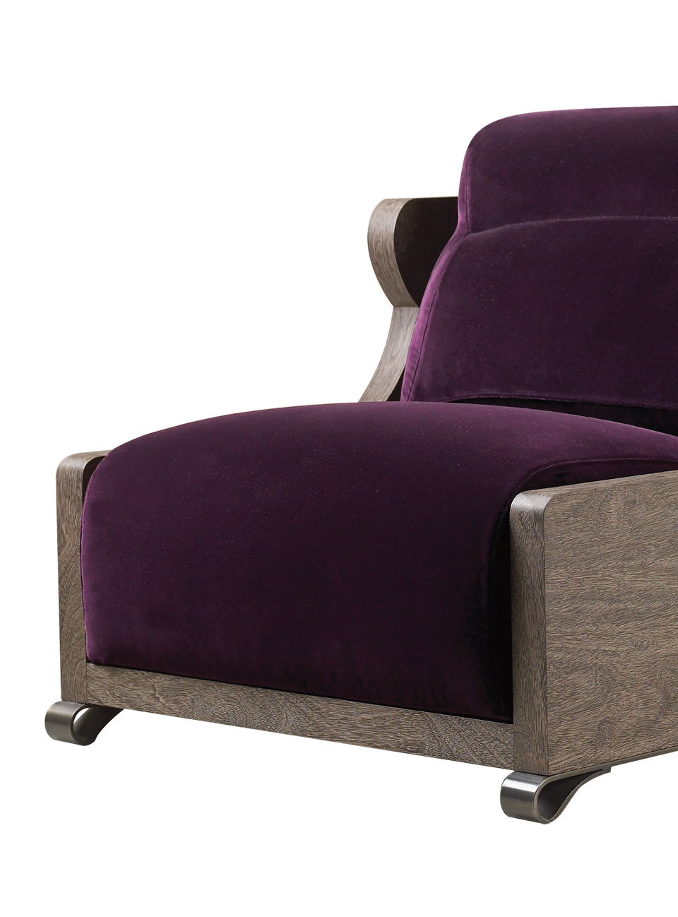 Detail of Gilda, a wooden armchair covered in fabric with bronze feet, from Promemoria's catalogue | Promemoria