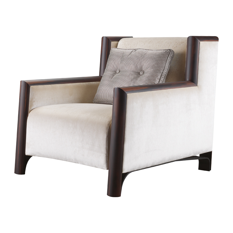 Ginevra is a wooden armchair covered in leather or fabric with bronze feet, from Promemoria's catalogue | Promemoria