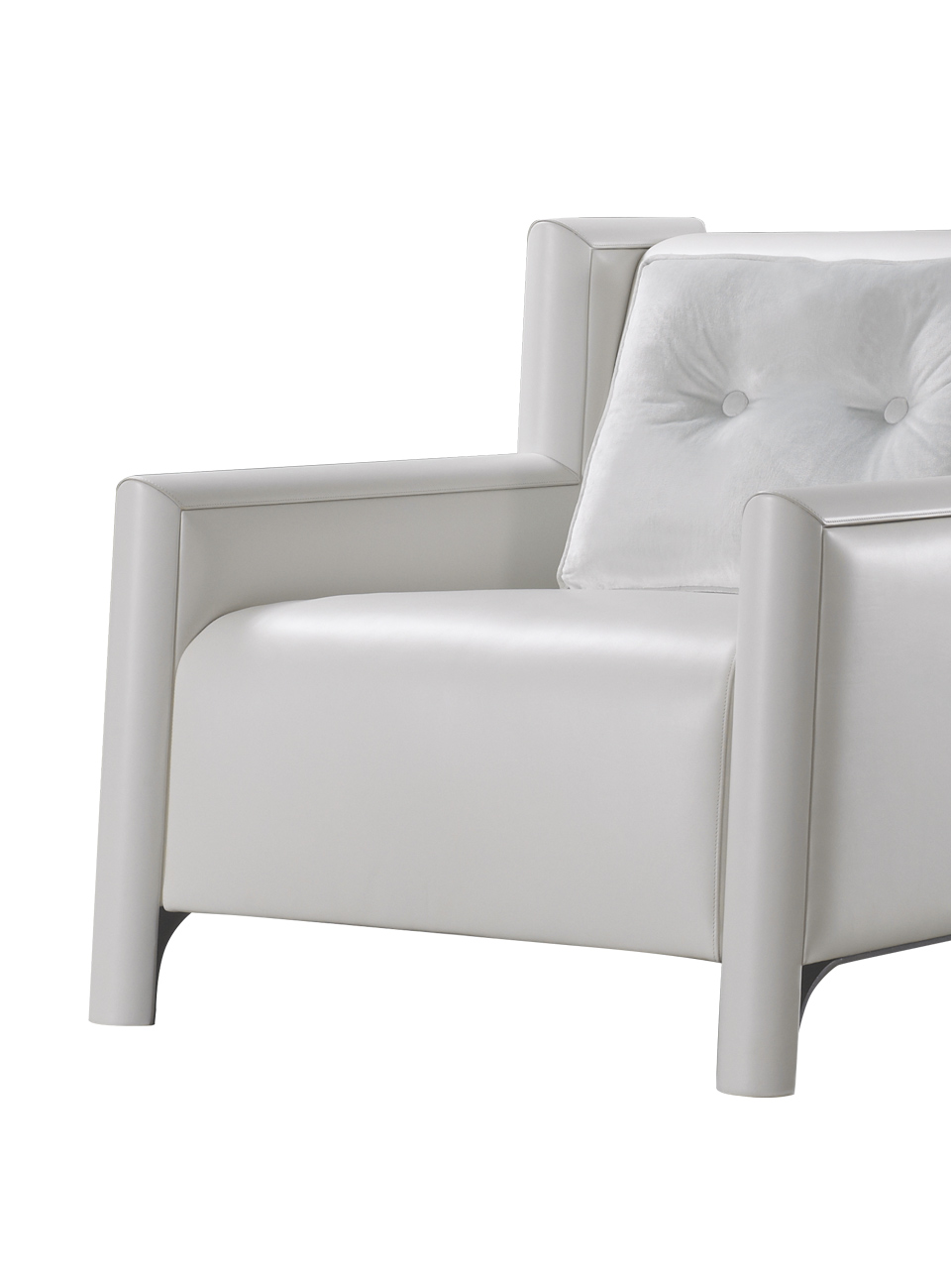 Ginevra is a wooden armchair covered in leather or fabric with bronze feet, from Promemoria's catalogue | Promemoria