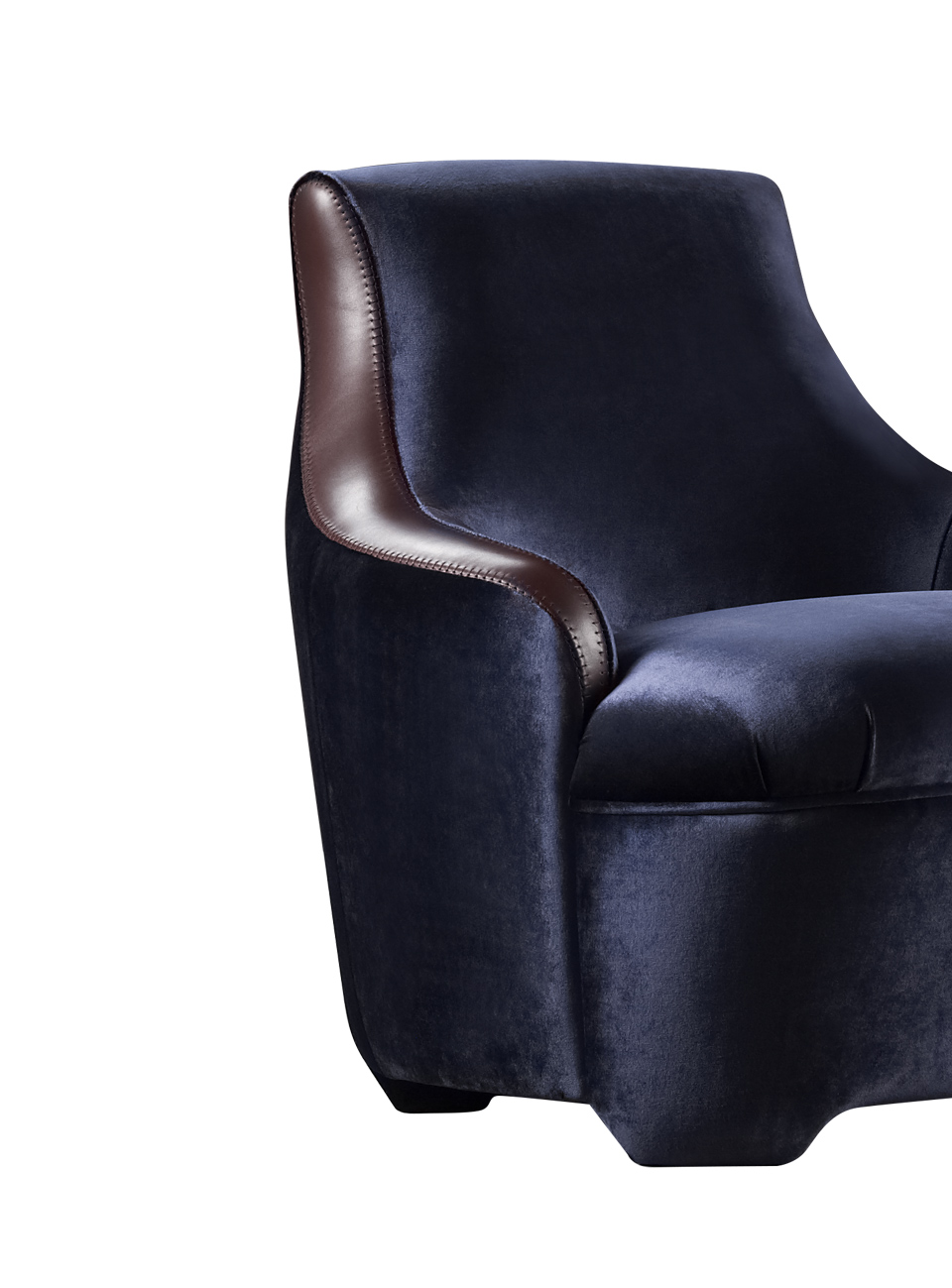 Detail of Gioconda and Giocondina, two fabric armchairs available with leather details, from Promemoria's catalogue | Promemoria