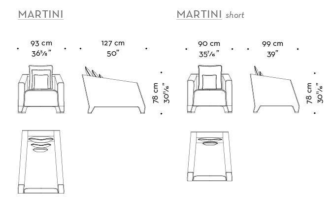 Dimensions of Martini, an armchair covered in fabric or leather with bronze feet, from Promemoria's catalogue | Promemoria