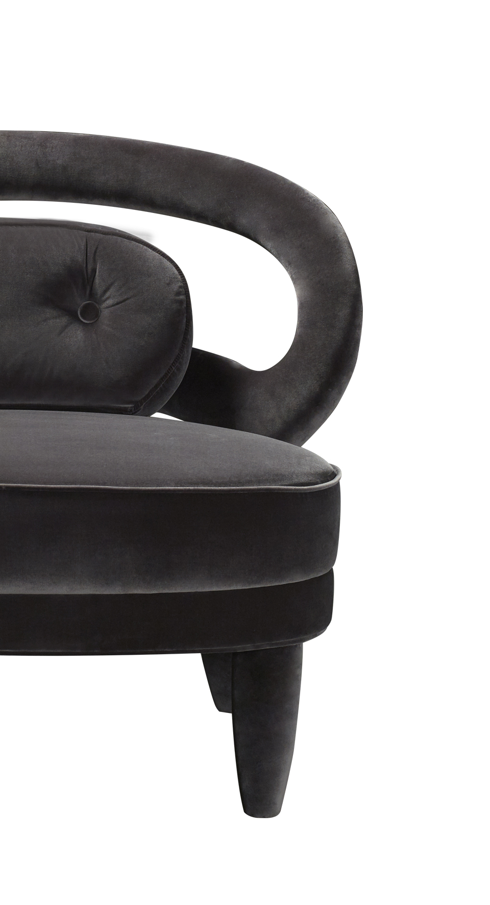 Detail of Nina, an armchair covered in fabric or leather with high or low back, from Promemoria's catalogue | Promemoria