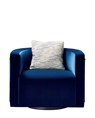 Pervinca is a swivel bronze armchair with a wooden base and fabric covering, from Promemoria's Amaranthine Tales collection | Promemoria