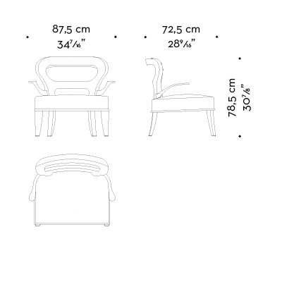 Dimensions of Roka Large, a large wooden armchair covered in fabric and leather with bronze arms, from Promemoria's catalogue | Promemoria