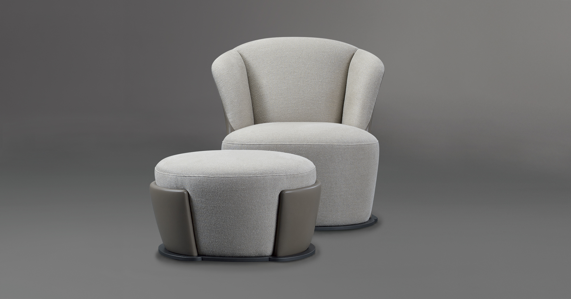 Rosaspina is an armchair with fabric and leather covering and a metal base, from Promeomoria's catalogue | Promemoria
