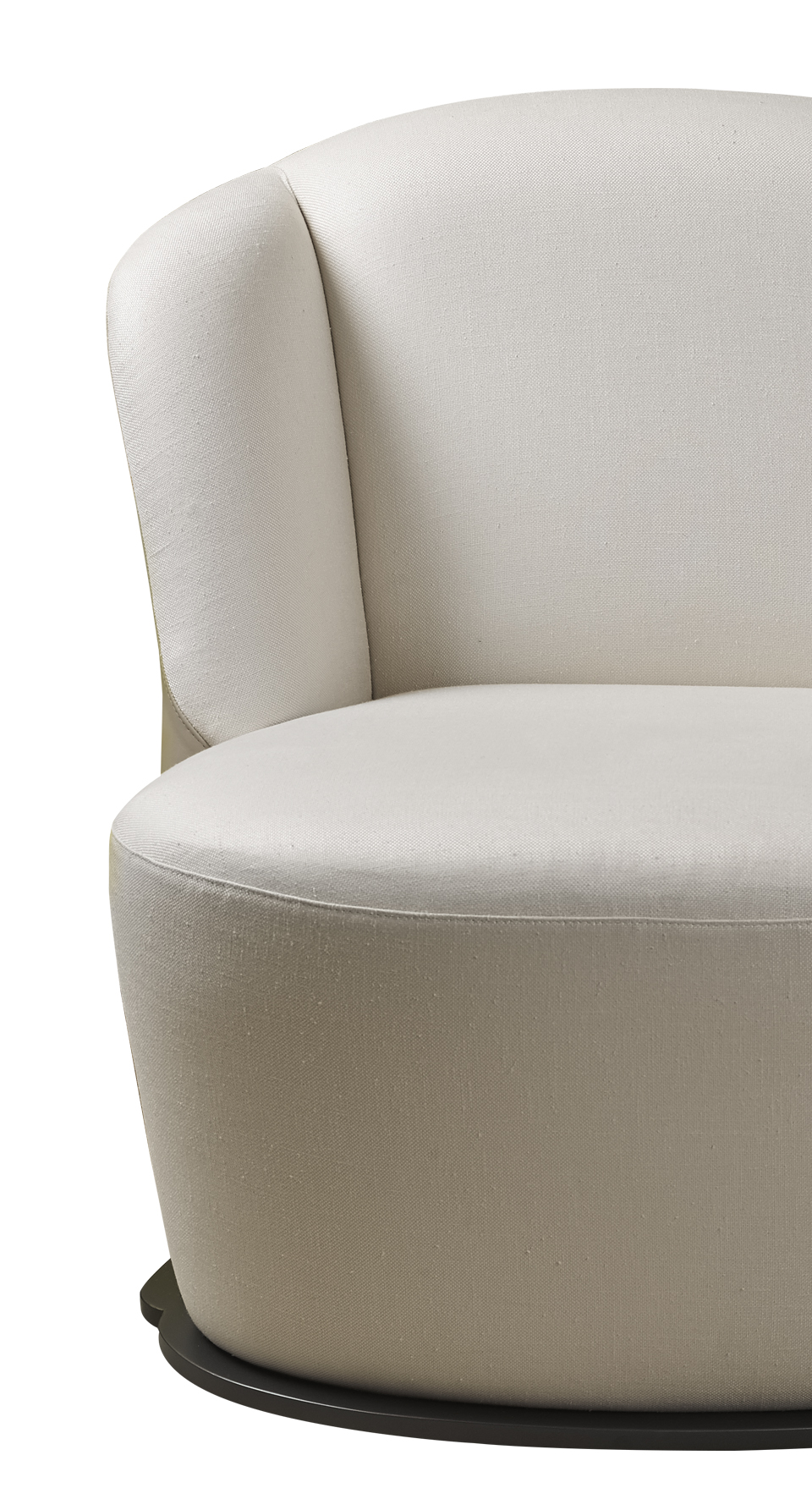 Detail of Rosaspina, an armchair with fabric and leather covering and a metal base, from Promeomoria's catalogue | Promemoria