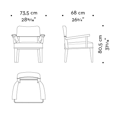 Dimensions of Vespertine, a wooden lounge armchair with leather seat and back, from Prommeoria's catalogue | Promemoria