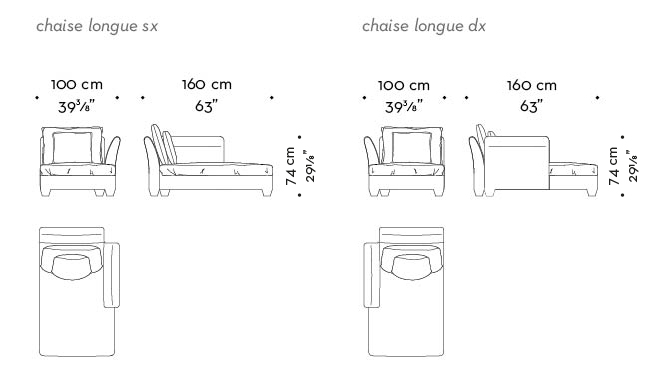Dimensioni di Augusto, chaise longue rivestita in tessuto con cuscini in tessuto o pelle, del catalogo di Promemoria | Promemoria