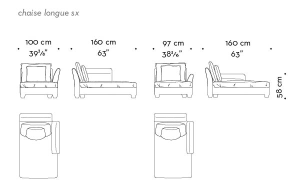 Dimensions of Augusto, a chaise longue covered in fabric with fabric or leather cushions, from Promemoria's catalogue | Promemoria