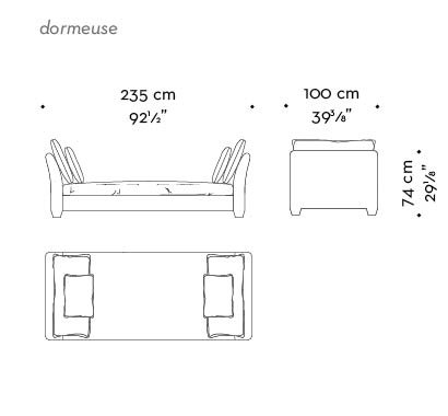 Dimensions of Augusto, a chaise longue covered in fabric with fabric or leather cushions, from Promemoria's catalogue | Promemoria