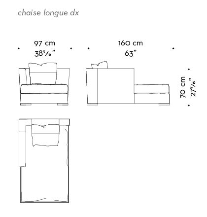 Dimensions of Dolce Vita, a chaise longue covered in fabric with leather details and bronze feet, from Promemoria's catalogue | Promemoria