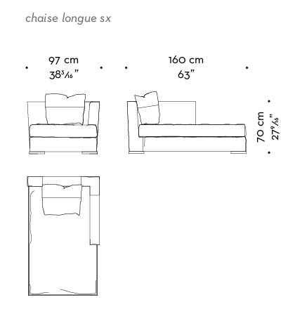 Dimensions of Dolce Vita, a chaise longue covered in fabric with leather details and bronze feet, from Promemoria's catalogue | Promemoria