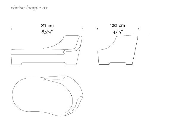 Dimensions of Gioconda, a chaise longue convered in fabric with leather details, from Promemoria's catalogue | Promemoria