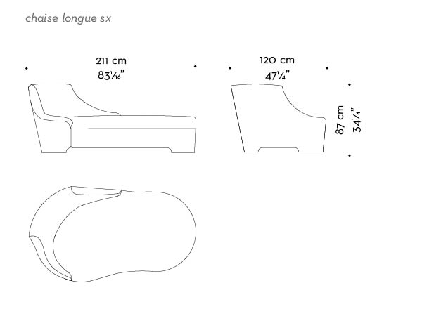 Dimensions of Gioconda, a chaise longue convered in fabric with leather details, from Promemoria's catalogue | Promemoria