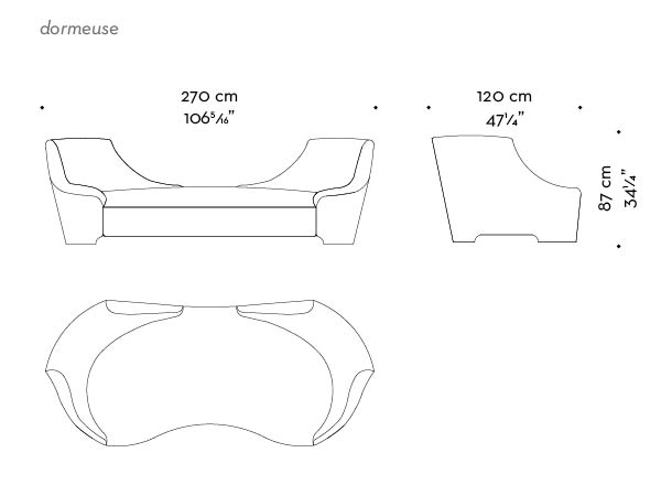 Dimensions of Gioconda, a chaise longue convered in fabric with leather details, from Promemoria's catalogue | Promemoria