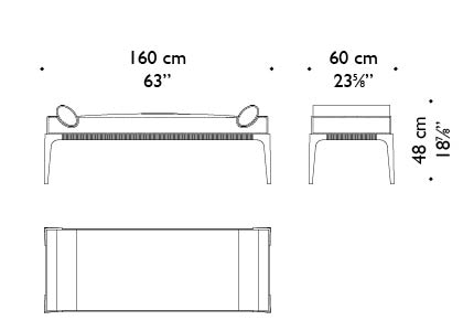 Dimensions of Montagu, a bronze chaise longue covered in fabric, from Promemoria's The London Collection | Promemoria