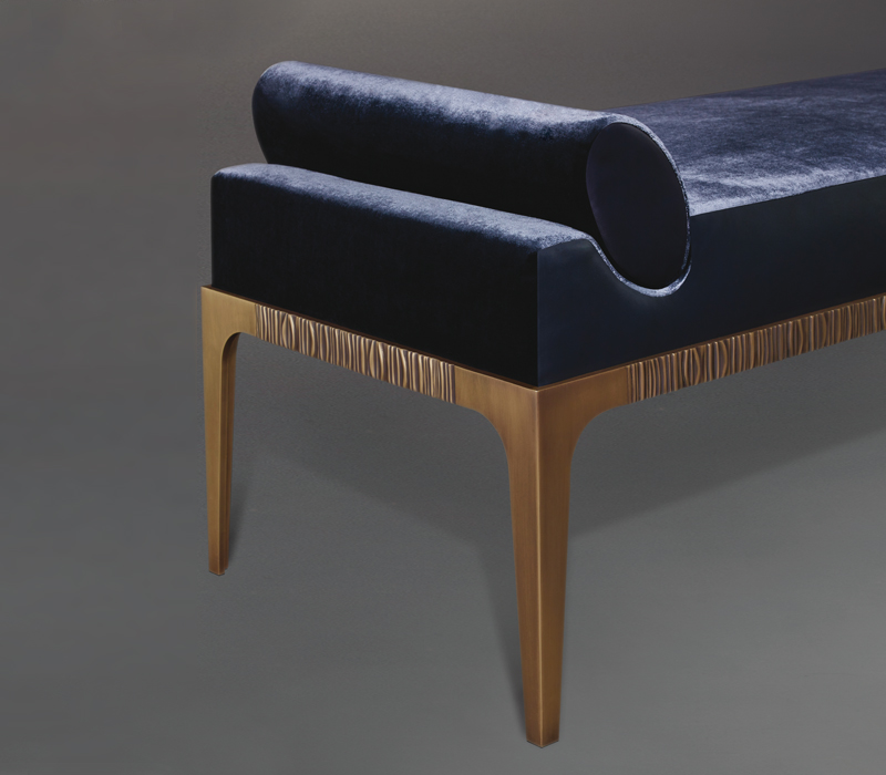 Detail of Montagu, a bronze chaise longue covered in fabric, from Promemoria's The London Collection | Promemoria