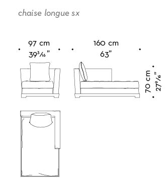 Dimensions of Wanda, a wooden chaise longue covered in fabric, from Promemoria's catalogue | Promemoria