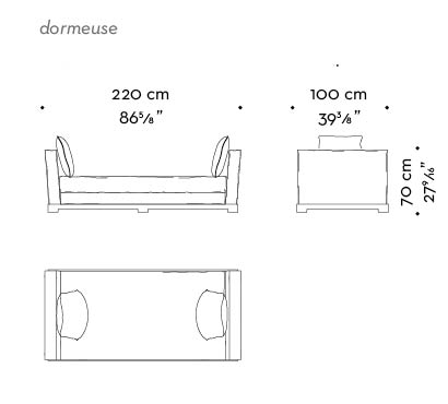 Dimensions of Wanda, a wooden chaise longue covered in fabric, from Promemoria's catalogue | Promemoria