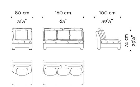 Dimensions of Augusto, a modular and customizable sofa, available with bronze or leather armrests and bronze feet, from Promemoria catalogue | Promemoria