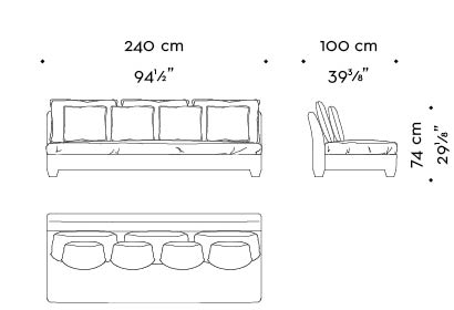 Dimensions of Augusto, a modular and customizable sofa, available with bronze or leather armrests and bronze feet, from Promemoria catalogue | Promemoria