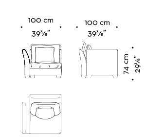 Dimensions of Augusto, a modular and customizable sofa, available with bronze or leather armrests and bronze feet, from Promemoria catalogue | Promemoria