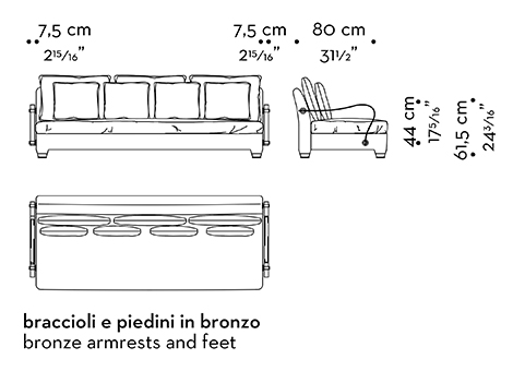 Dimensions of Augusto, a modular and customizable sofa, available with bronze or leather armrests and bronze feet, from Promemoria catalogue | Promemoria