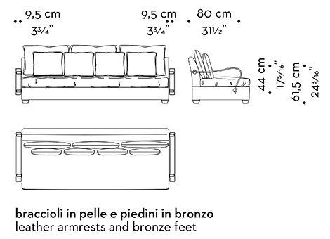 Dimensions of Augusto, a modular and customizable sofa, available with bronze or leather armrests and bronze feet, from Promemoria catalogue | Promemoria