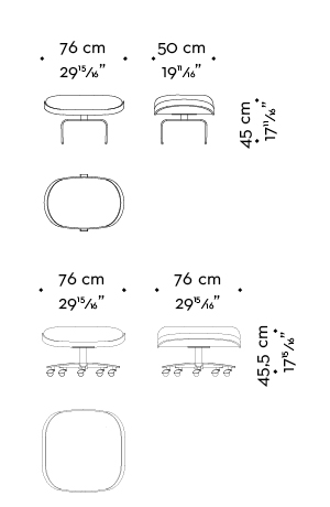 Dimensions of Butterfly, a pouf covered in leather and fabric with a metal base, available with wheels, from Promemoria's catalogue | Promemoria