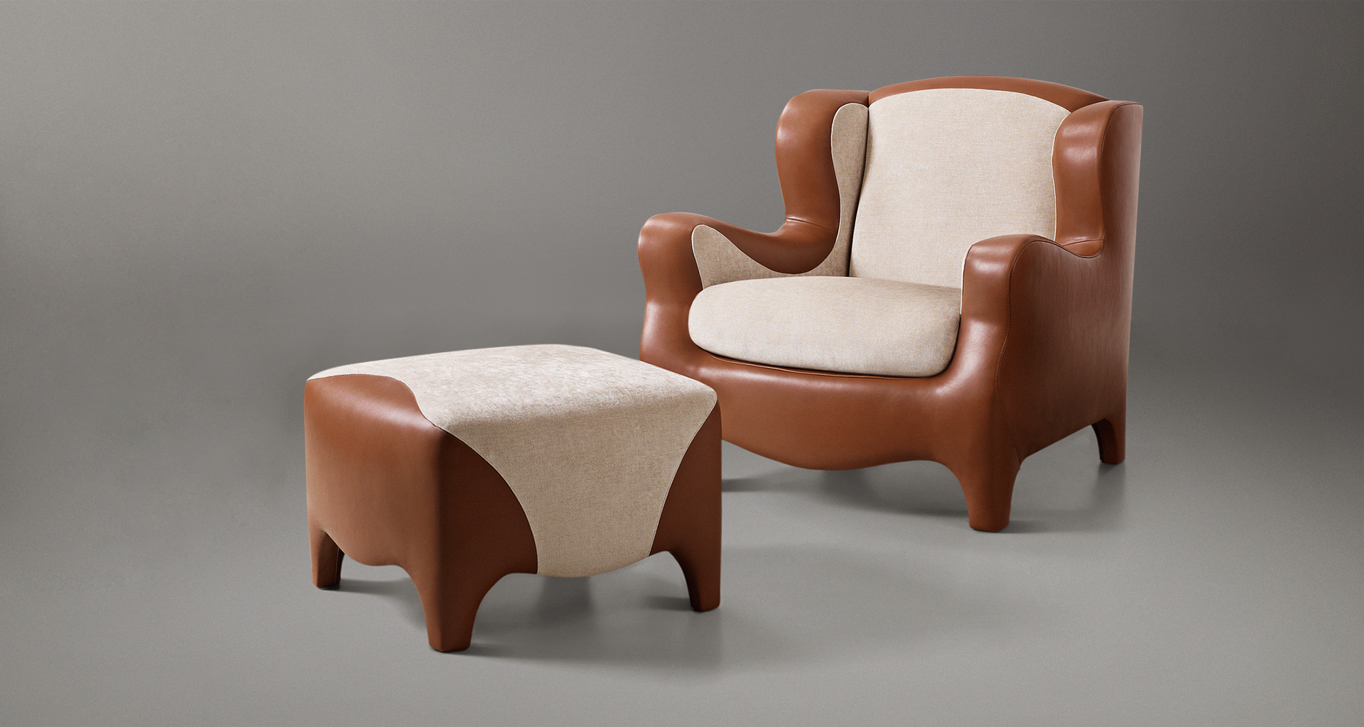 Club is a pouf covered in fabric and leather, from Promemoria's catalogue | Promemoria