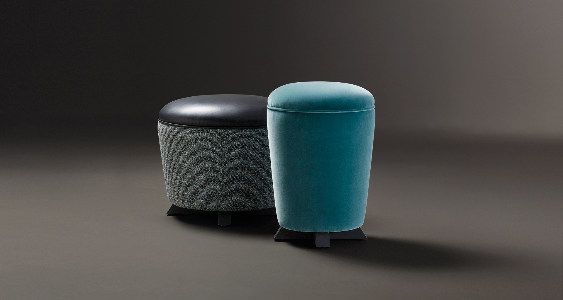 Coccolino and Coccolone are two fabric and leather poufs in bright colors, from Promemoria's catalogue | Promemoria