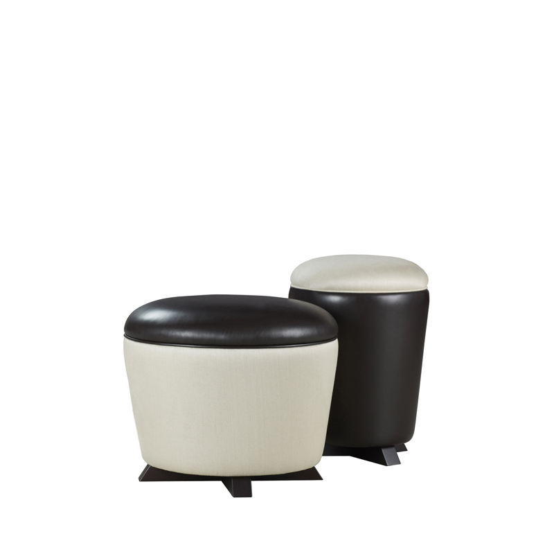 Coccolino and Coccolone are two fabric and leather poufs in bright colors, from Promemoria's catalogue | Promemoria