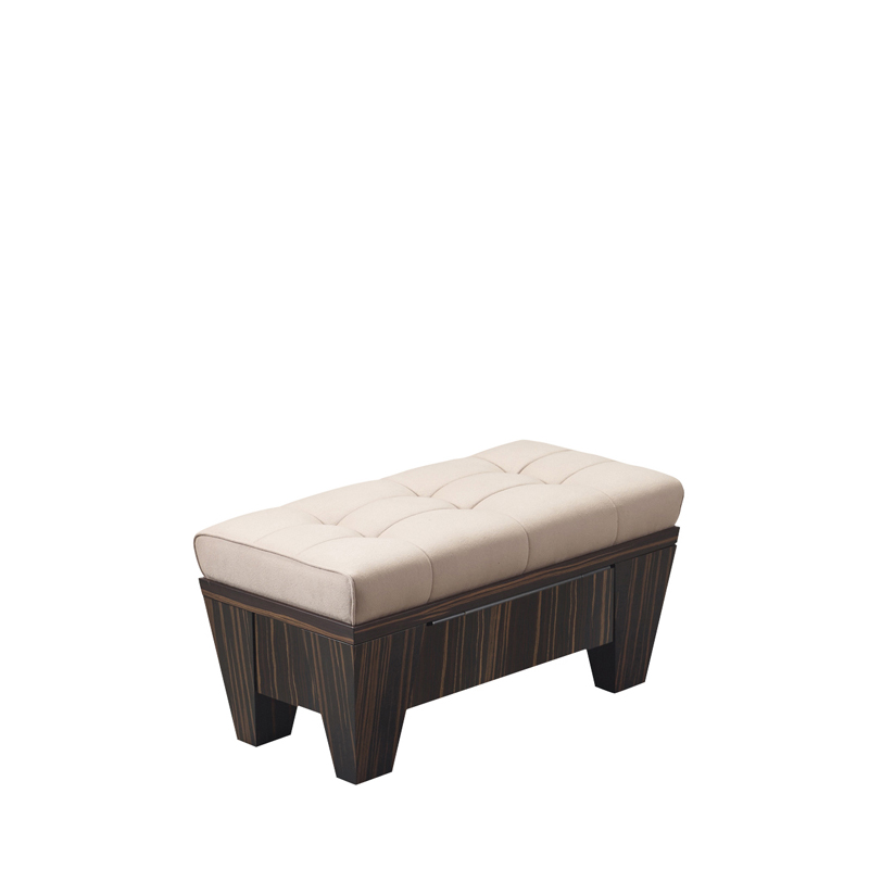Gertrude is a wooden pouf container covered in capitonnè fabric, from Promemoria's Lake Tales collection | Promemoria