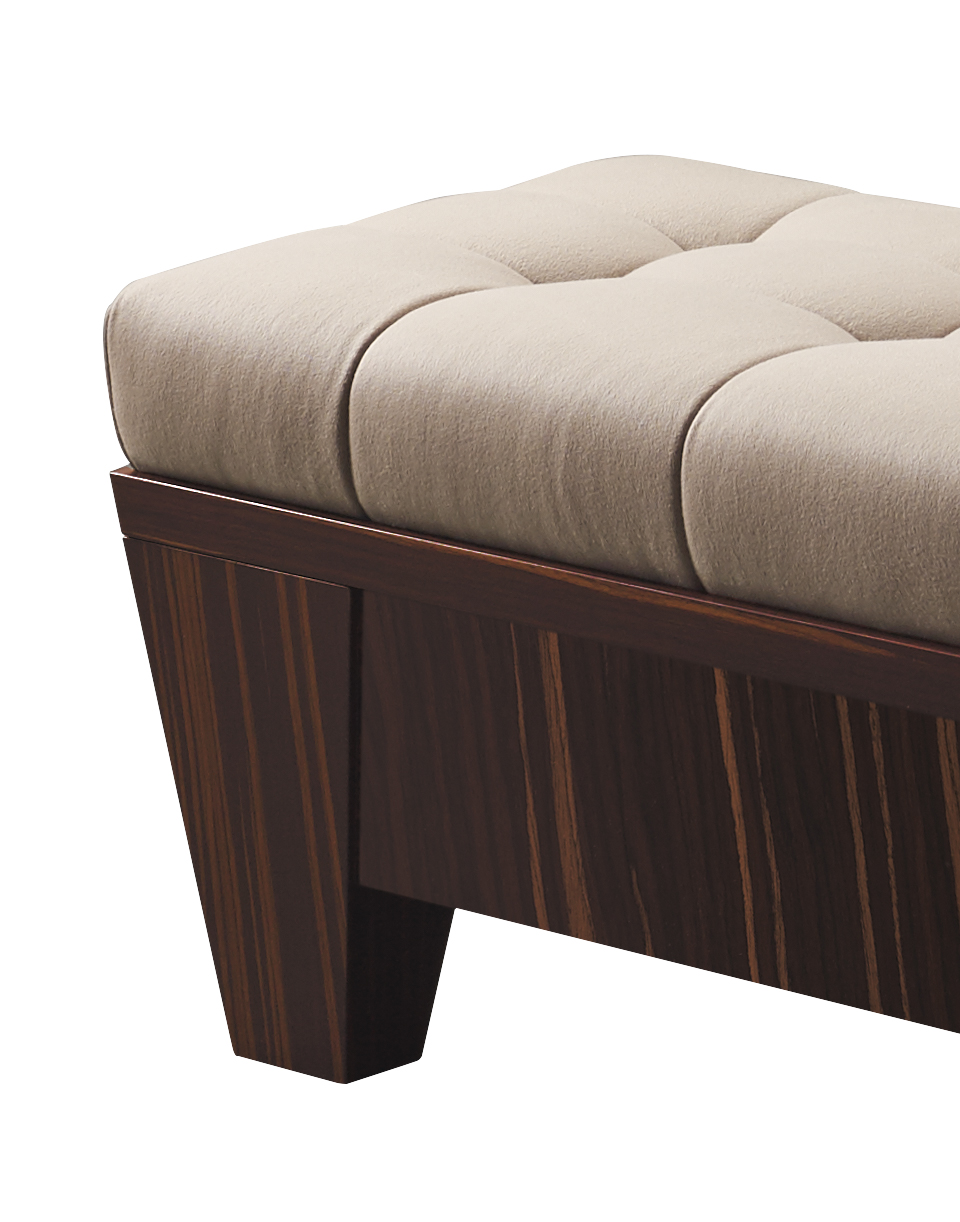 Gertrude is a wooden pouf container covered in capitonnè fabric, from Promemoria's Lake Tales collection | Promemoria