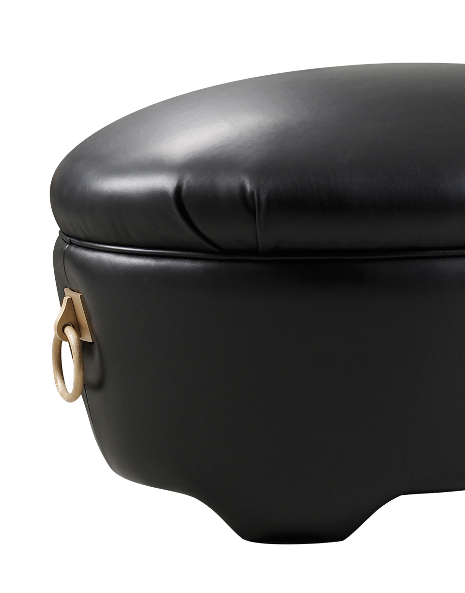 Gioconda is a pouf covered in fabric or leather with bronze handles, from Promemoria's catalogue | Promemoria